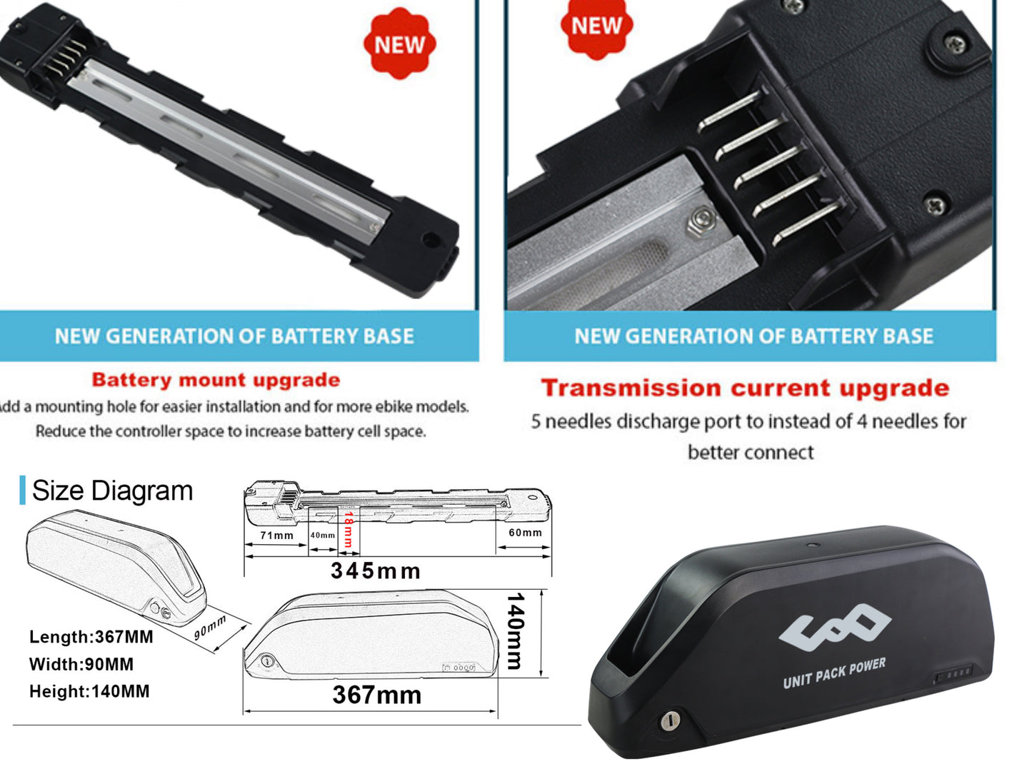 36V 48V 52V 13Ah-24.5Ah Downtube Lithium Ion E-bike battery for 1000W-1500W Hub Motor