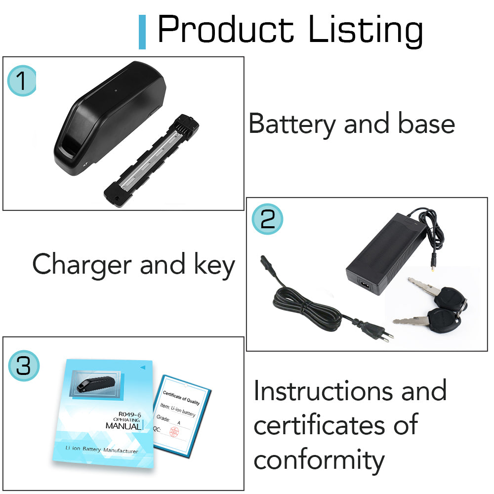 R049-6 48V 52V 60V 19.2-25 Ah Li-on Lithium Downtube E-bike Battery for 1500W-2000W Hub Motor