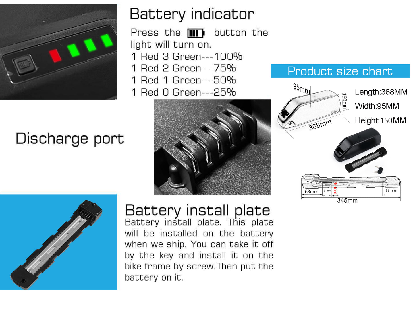 R049-6 48V 52V 60V 19.2-25 Ah Li-on Lithium Downtube E-bike Battery for 1500W-2000W Hub Motor