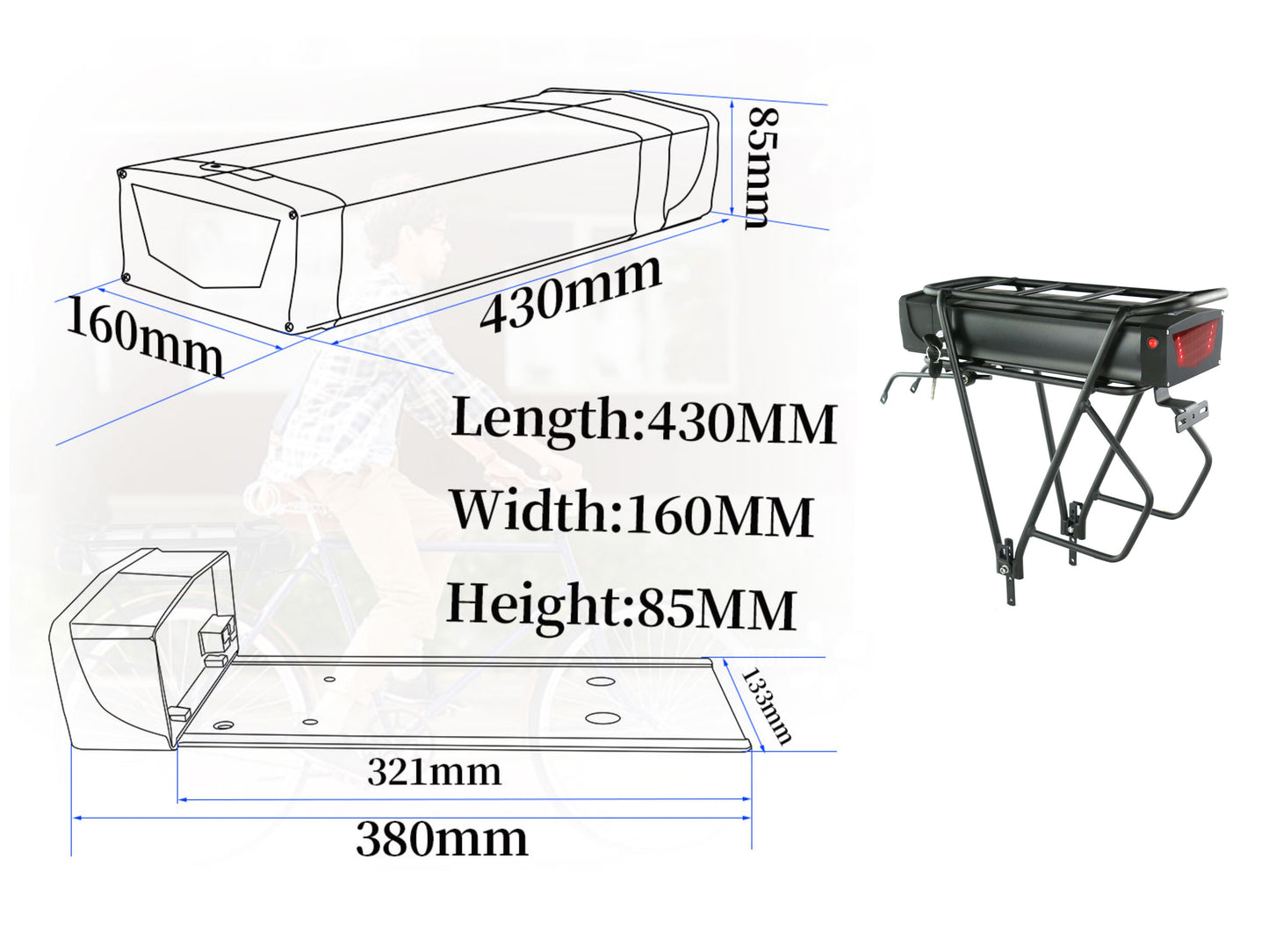 48V52v72v15Ah-28.8Ah Li-on Lithium E-bike battery With Rear Rack for 48V1000W-3000W Electric Bike