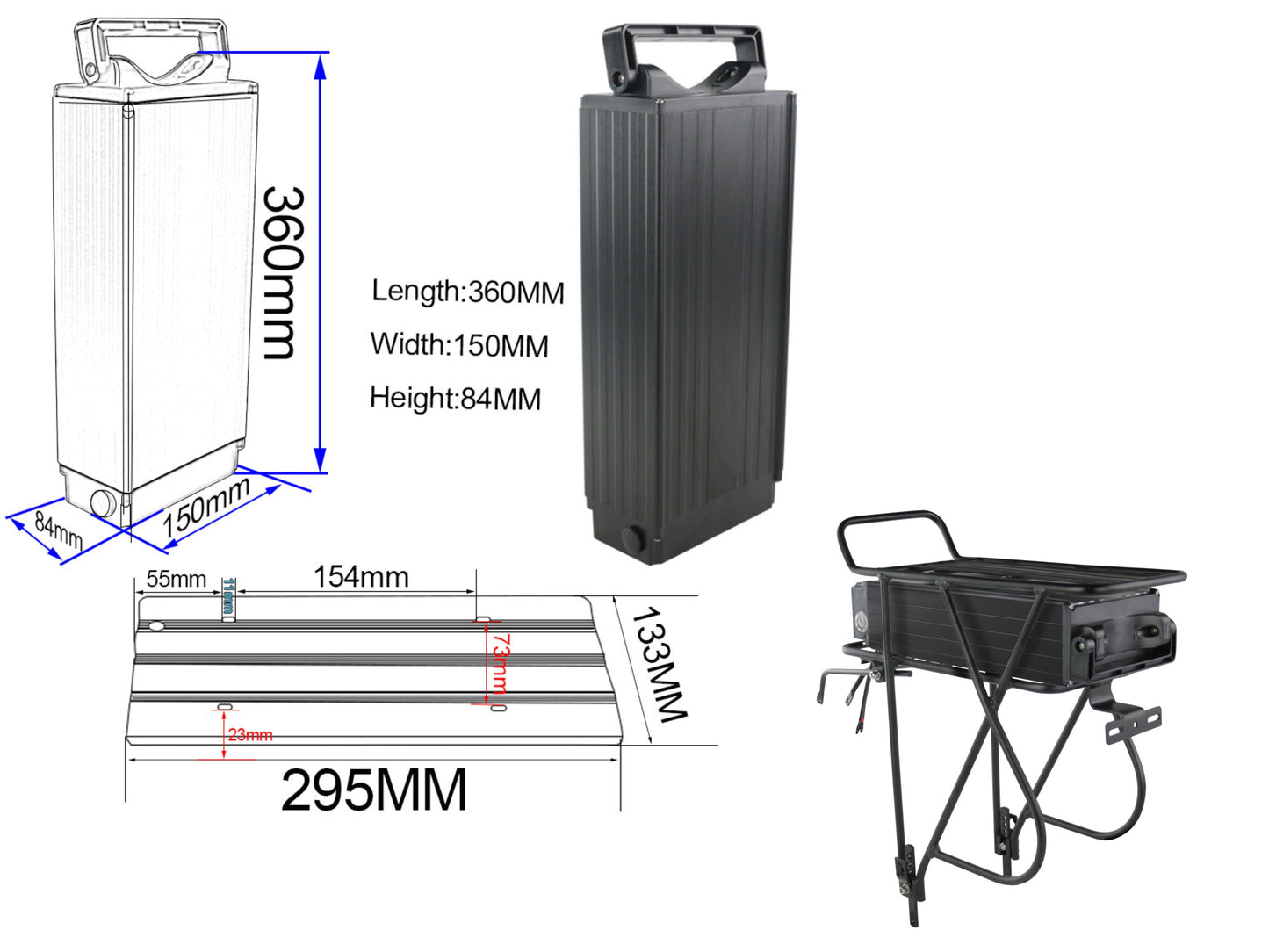 48V52v72v15Ah-28.8Ah Li-on Lithium E-bike battery With Rear Rack for 48V1000W-3000W Electric Bike